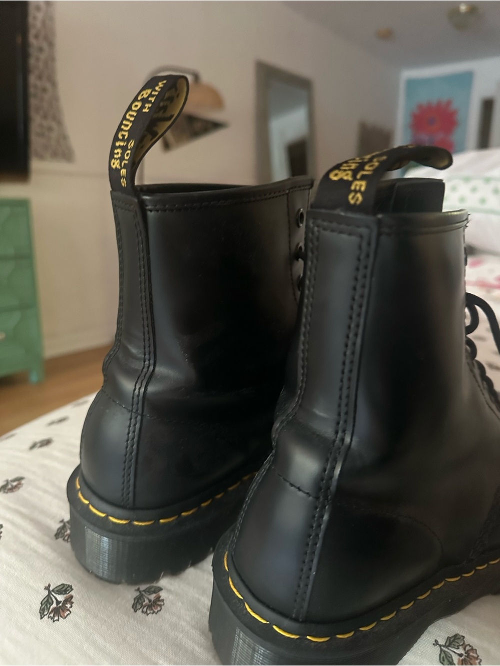 Dr. Martens Classic Black Leather Boots with Yellow Stitching